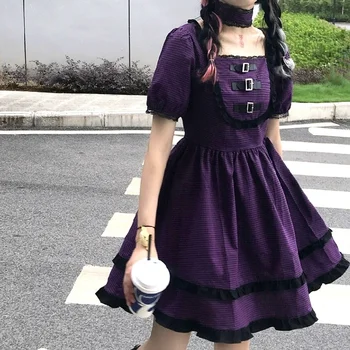 Japonijos Harajuku Gothic Lolita Dress Vasarą, Merginos, Sexy Šalies Violetinė Pledas Mygtukai Aikštėje Apykaklės Raukiniai, Nėriniai Moterų Mini Suknelės