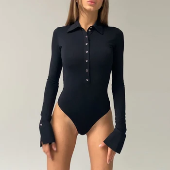 Moterų Bodysuit Black marškinėliai Atvartas Long Sleeve Top vientisos Spalvos Moterų Megztinis Megztinis Seksualus Slim Moterų vientisas Atsitiktinis Viršų