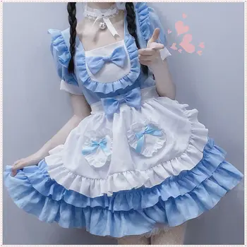 Japonijos Tarnaitė Cosplay Blue Pure Kawaii Lolita Dress Seksuali Kremas Mažai Brangioji, Kambarinės Apranga Nekaltas Girl loli cos
